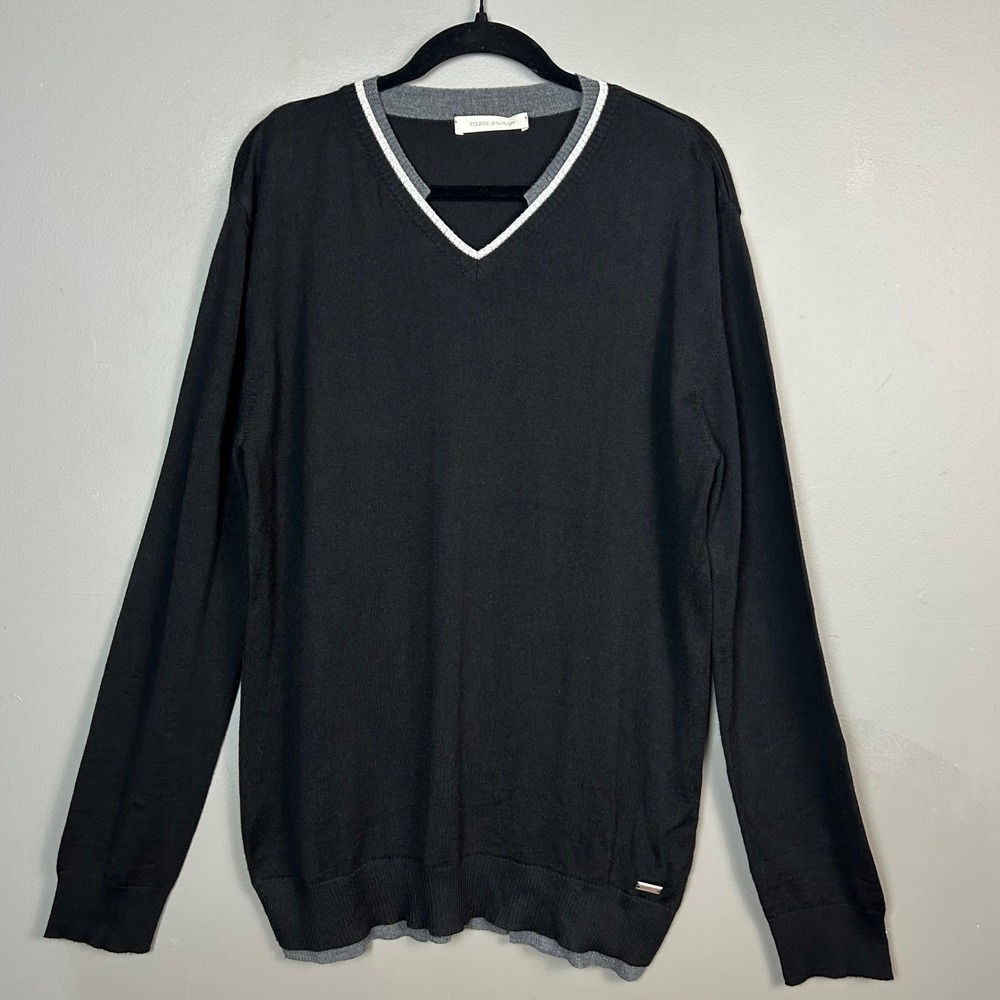 Pierre Balmain Sweater Mens Large 42 56 Wool Layered Black V-Neck Designer Italy